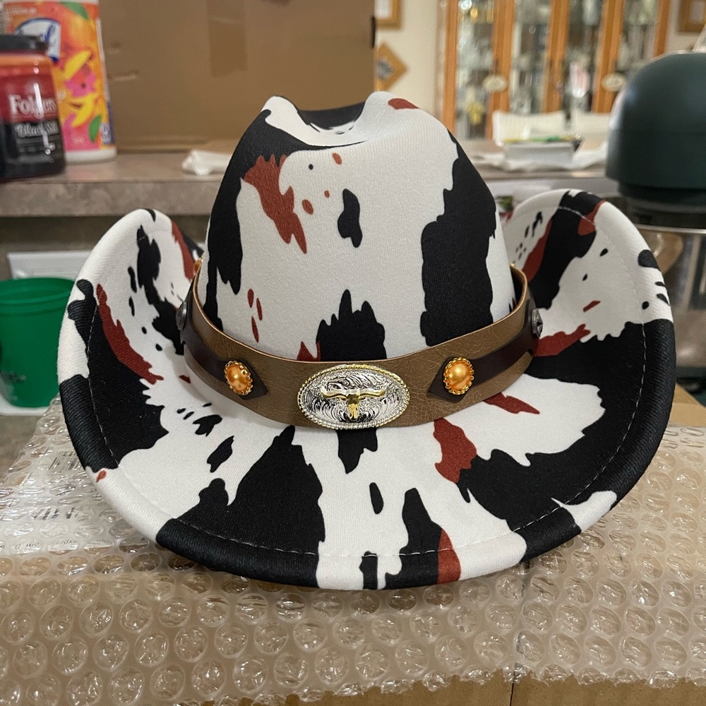 Cow Print Cowboy Hat with Eagle Emblem